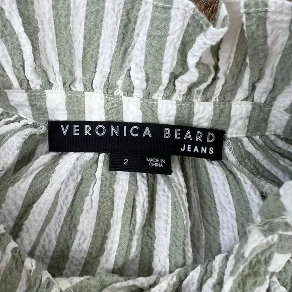 Veronica Beard Calisto Seersucker Striped Shirt Dark Sage & White - Picture 7 of 7